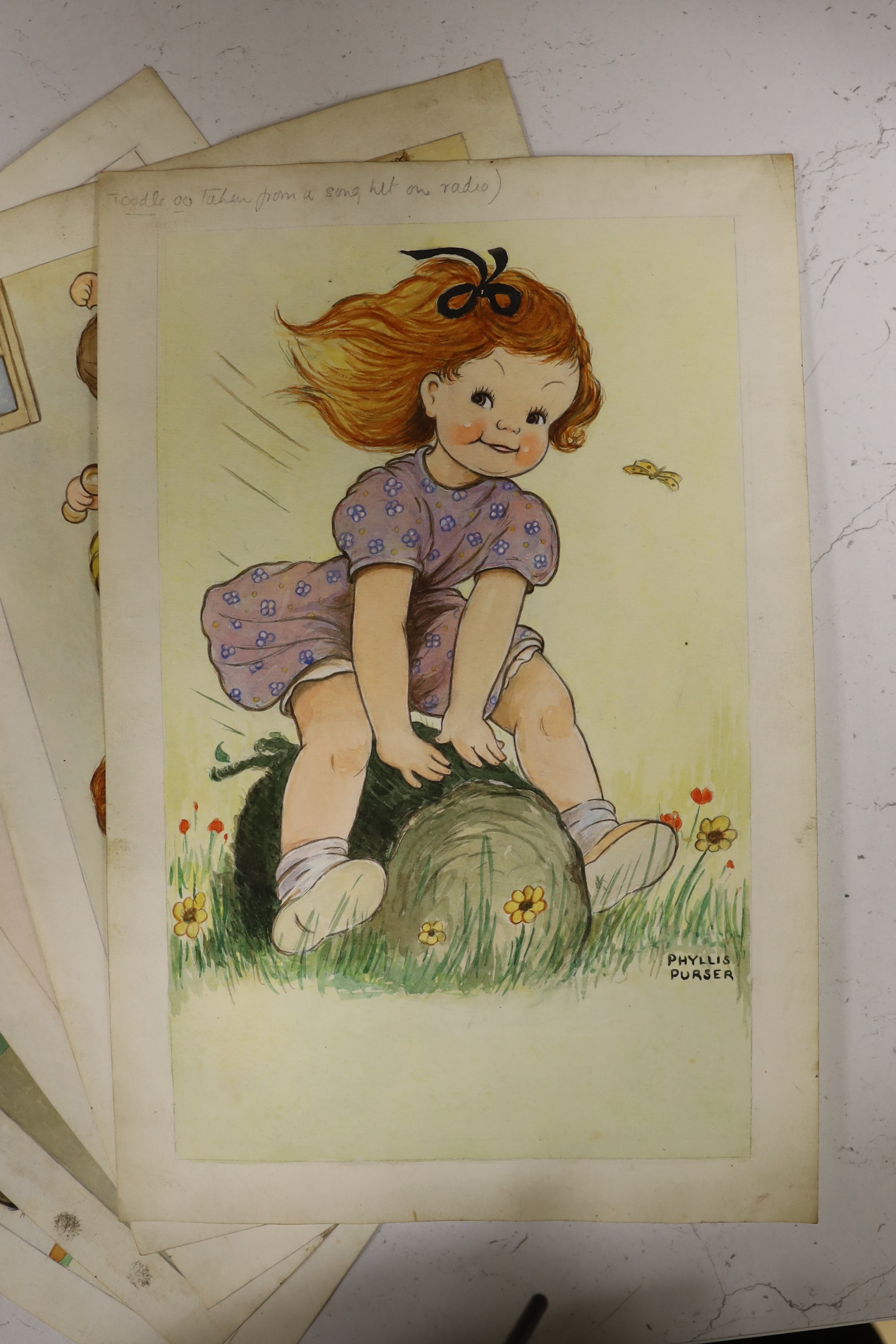 Phyllis Purser (1893-1990), set of six 1940/50’s original watercolour postcard designs, Humorous children, ‘Keep Fit Series’, each signed, 33 x 22cm, unframed (6)